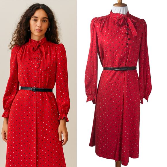 Vintage 1980s Ma Mére Red Tie Neck Midi Dress Tiny Floral Print S/M - Picture 1 of 8